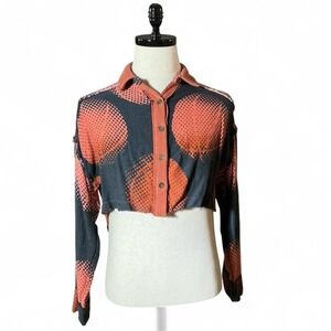 Out From Under Cropped Button Up Shirt‎ Orange Black Polka Dot Long Sleeve